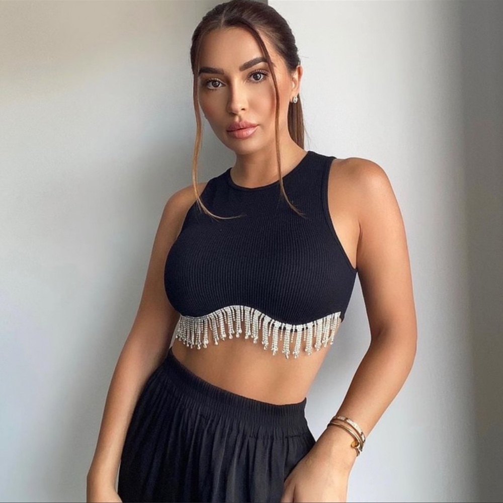 Zara Black Seamless Rhinestone Top